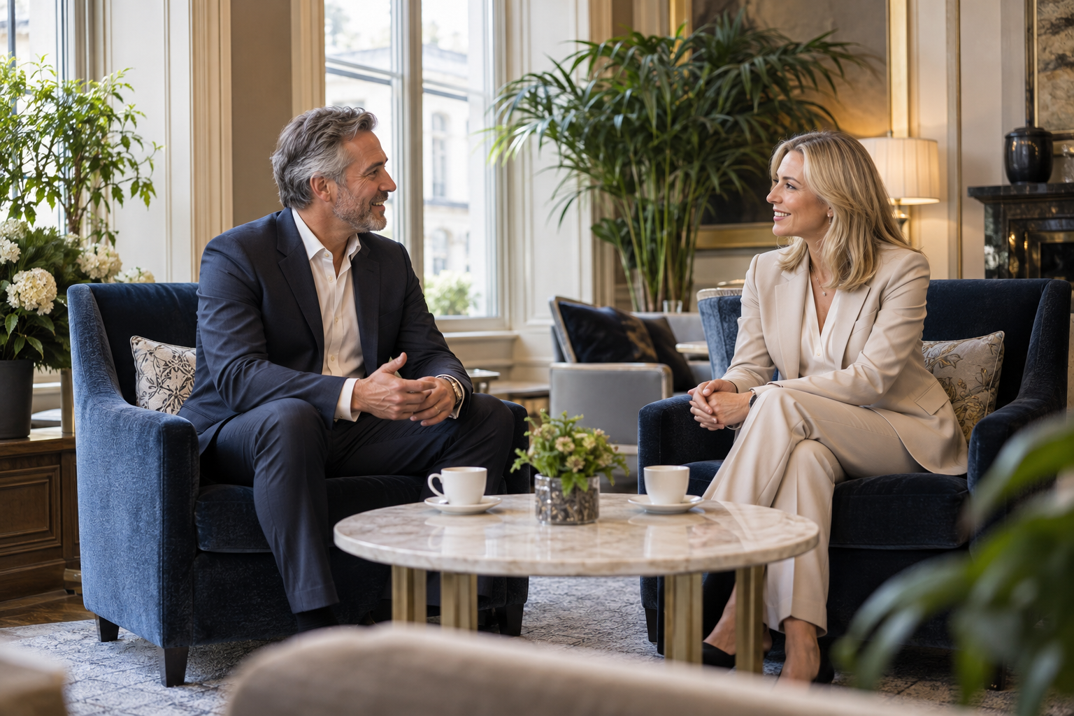 A man and woman talking over coffee in an elegant lounge